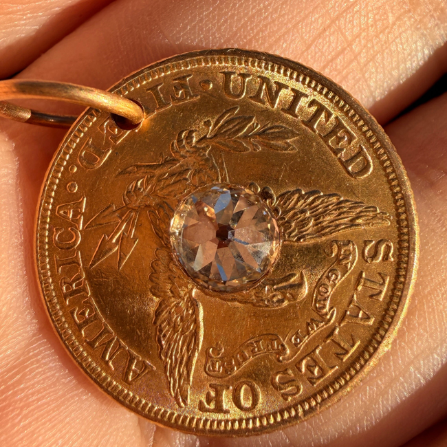 Antique yellow 21K gold 1881 $5 US Liberty coin with approx 1.1 ctw old mine cut diamond pendant-gallery-57083582382395