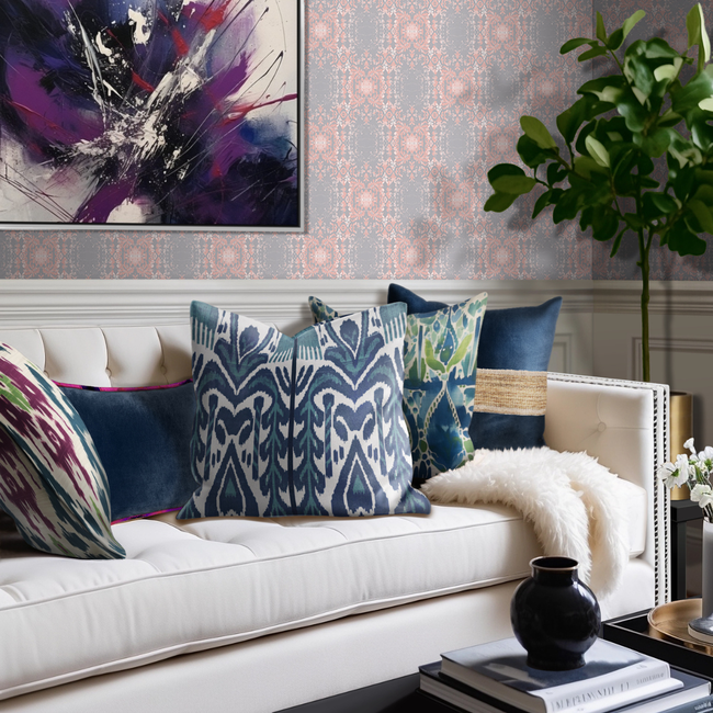 Indigo Blue and White Ikat Print Pillow-gallery-30830789984369