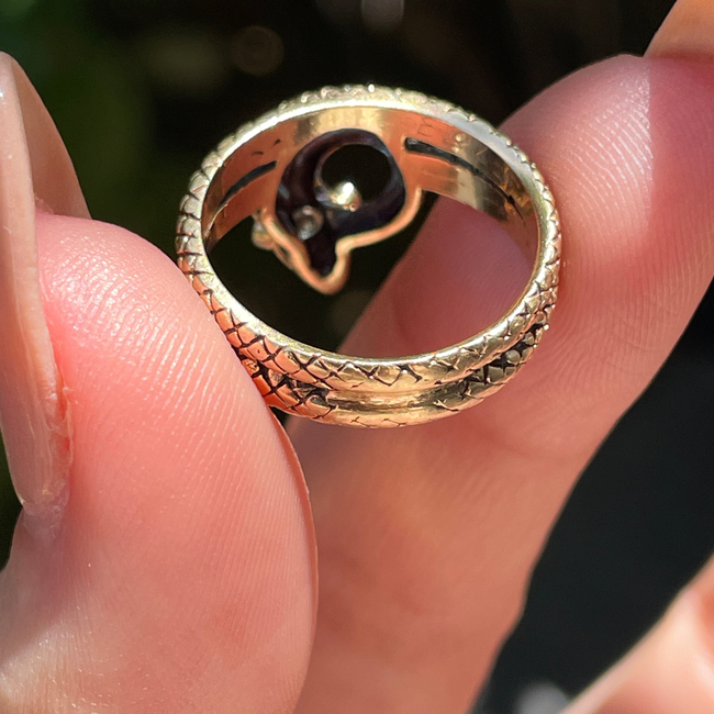 Vintage yellow 14K textured snake ring with .1 ctw diamond and emerald eyes, size 6-gallery-56085128970555