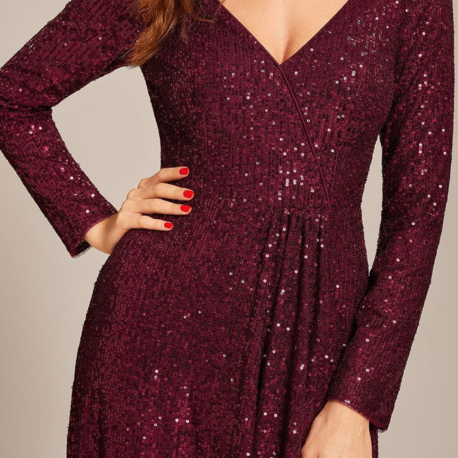 ever SYREN|Sequin Long Sleeve V-neck Asymmetrical Hem Evening Dress-gallery-29791624822858