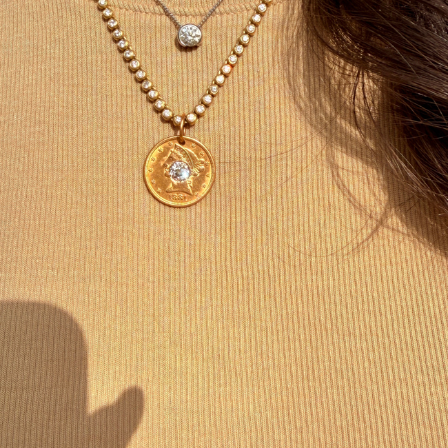 Antique yellow 21K gold 1881 $5 US Liberty coin with approx 1.1 ctw old mine cut diamond pendant-gallery-57180196208955