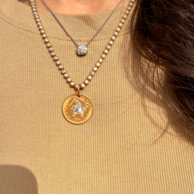 Antique yellow 21K gold 1881 $5 US Liberty coin with approx 1.1 ctw old mine cut diamond pendant-gallery-57180196208955