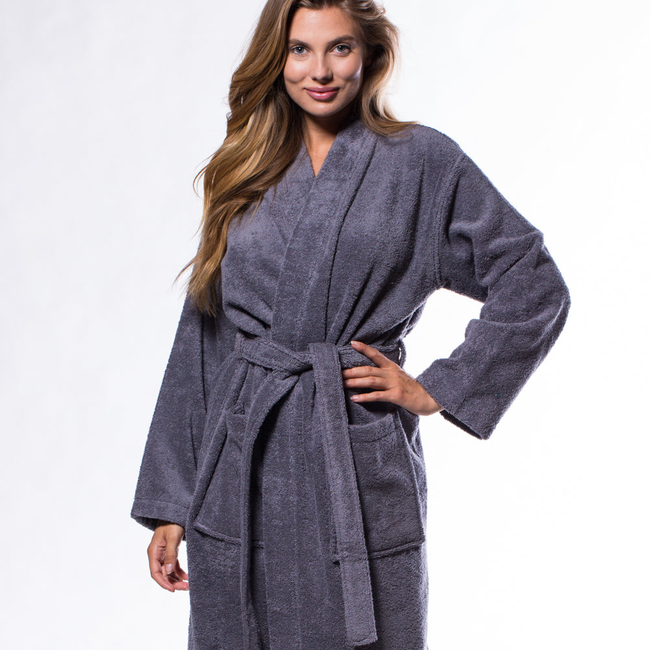 100% Turkish Cotton Gray Terry Kimono Bathrobe-gallery-46194514362627
