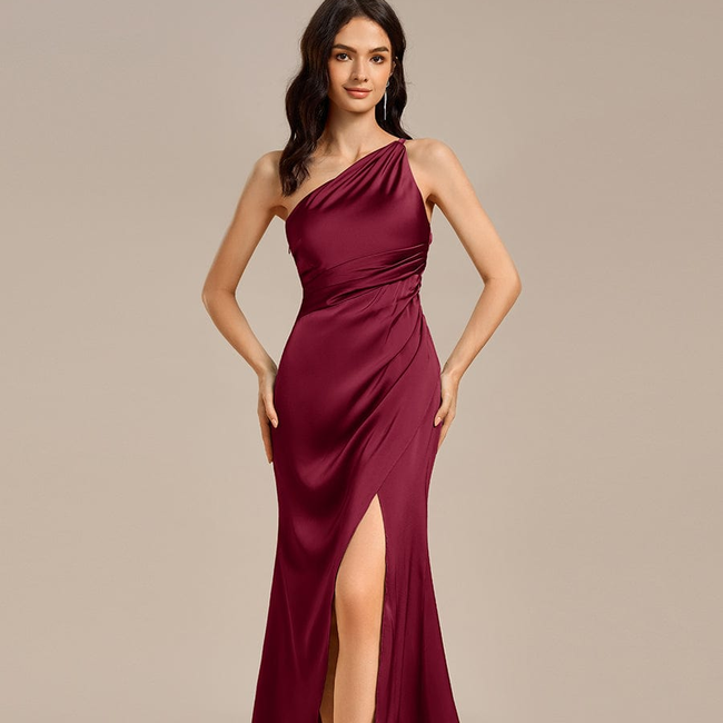 ever REIKO|Satin One Shoulder Ruched Side Split Mermaid Bridesmaid Dress-gallery-33405455892554
