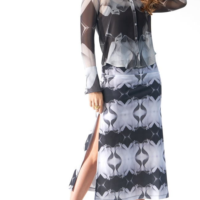 Babs Body-Hugging Midi Skirt - Black/White Stone Man Print Design-gallery-40066592964904