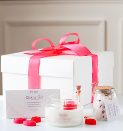 Kiss & Tell Gift Bundle: XOXO Candle, Lip Wax Melts, Velvet Rose Bath Salts