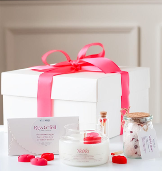 Kiss & Tell Gift Bundle: XOXO Candle, Lip Wax Melts, Velvet Rose Bath Salts