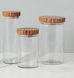 Glass Canister, Scalloped Wood Top, Set of 3