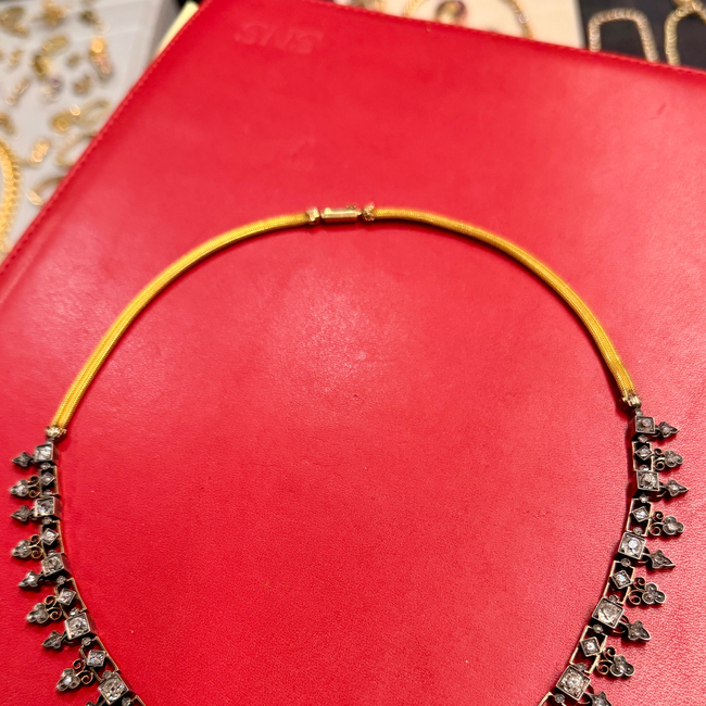 Antique 21K gold and silver topped over 7ctw Old Mine Cut diamond, rose cut diamond and pearl fringe-gallery-57093438570811