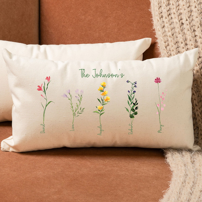 Custom Family Names Flower Lumbar Pillow - Natural Canvas-gallery-43919466594527