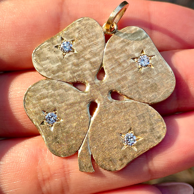 Vintage yellow 14K Cartier .25ctw star set diamond clover pendant-gallery-55319042457915