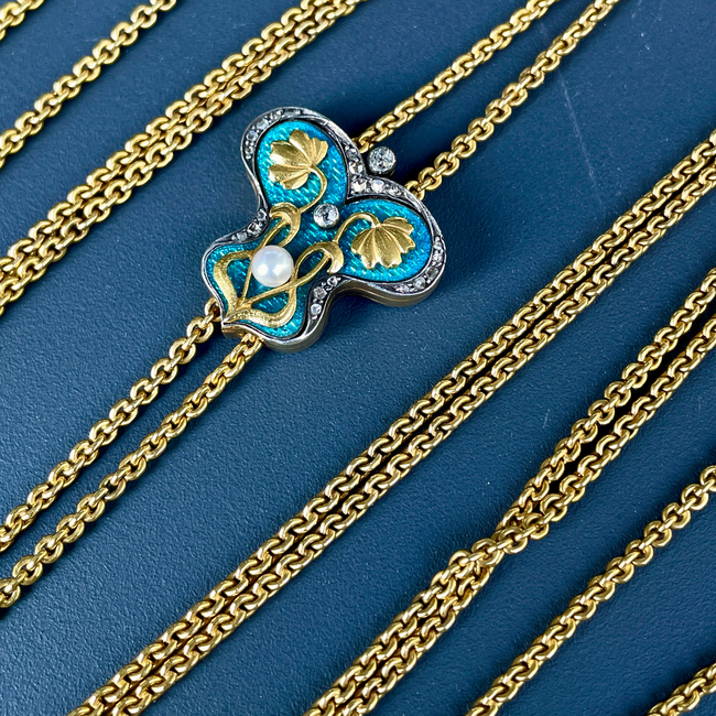 Antique Art Nouveau longguard chain with 21K/22K gold chain, 14K gold blue enamel butterfly slider w-gallery-56085003141435