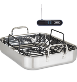 Viking 3-Ply Stainless Steel Roasting Pan with Rack and Thermometer Set