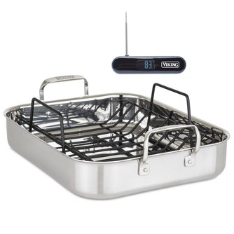 Viking 3-Ply Stainless Steel Roasting Pan with Rack and Thermometer Set