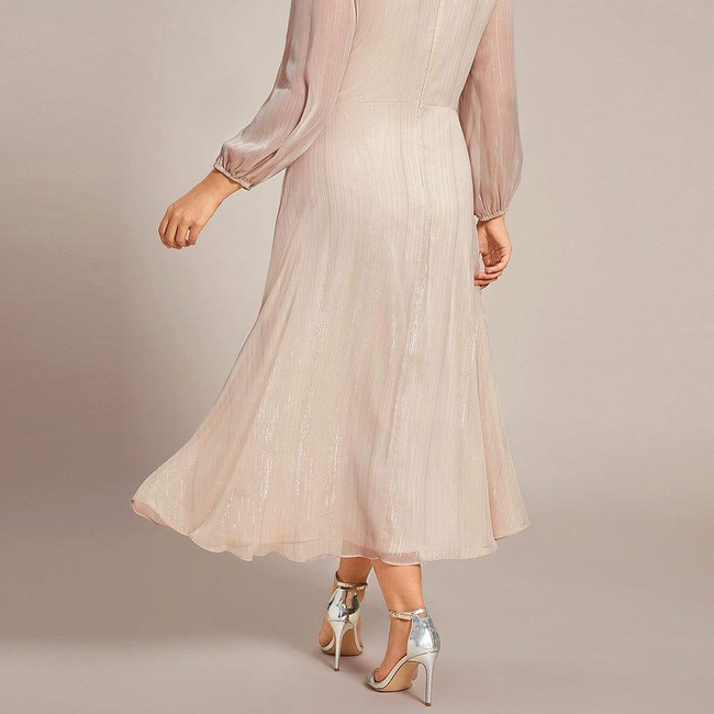 ever EMBER|See-Through Long Sleeve Twist Knot A-Line Lotus Leaf Shimmering Evening Dress-gallery-31381719941194