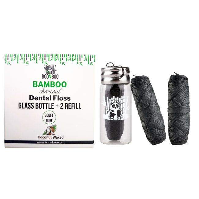 BOONBOO Dental Floss | Refillable Glass Bottle + 3 Threads | Total 300FT/90M | Bamboo Charcoal Woven-gallery-33337903644781