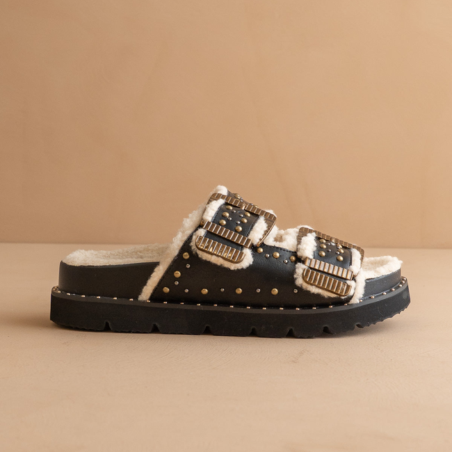 The Gaylen | Black Fleece Lined Slipper Slide-gallery-38968684413105