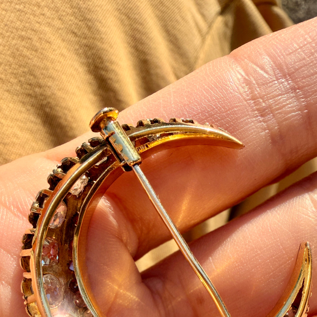 Antique yellow 18K crescent brooch with 2.6ctw of diamonds-gallery-57167729262907