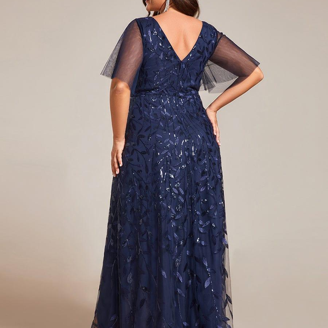 pretty ALIX|Plus Size Short Sleeves Sequin High Low V-Neck Midi Formal Evening Dress-gallery-30613783740490