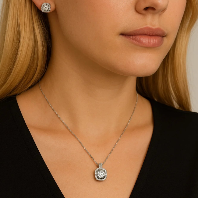 Two Carat Halo Cubic Zirconia Pendant Necklace-gallery-31586990194746