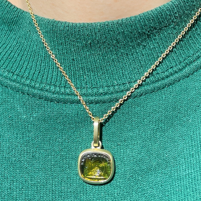 Yellow 14K gold brushed finish "Always at Home" snail glass seal pendant with removable clip bale-gallery-51481204621627