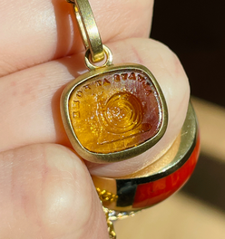 Yellow 14K gold brushed finish "Always at Home" snail glass seal pendant with removable clip bale