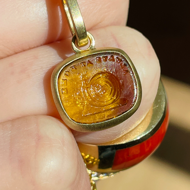 Yellow 14K gold brushed finish "Always at Home" snail glass seal pendant with removable clip bale-gallery-51481204588859