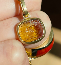 Yellow 14K gold brushed finish "Always at Home" snail glass seal pendant with removable clip bale