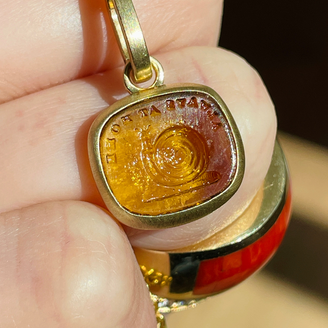 Yellow 14K gold brushed finish "Always at Home" snail glass seal pendant with removable clip bale-gallery-51481204588859