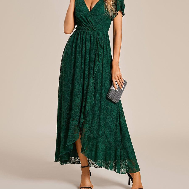 ever ELISE|Pleated V-Neck Short Sleeve Ruffled Lace Wedding Guest Dress-gallery-30176363479114