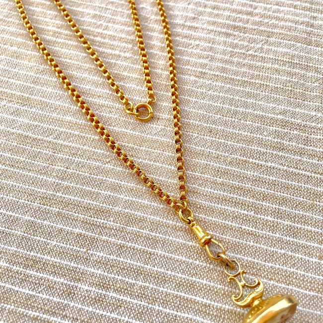 Antique yellow 18K triple rolo link watch chain with dog clip and bolt clasp, 23.5 inch-gallery-55477228798267