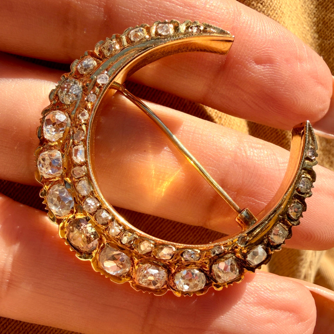 Antique yellow 18K crescent brooch with 2.6ctw of diamonds-gallery-57167729328443