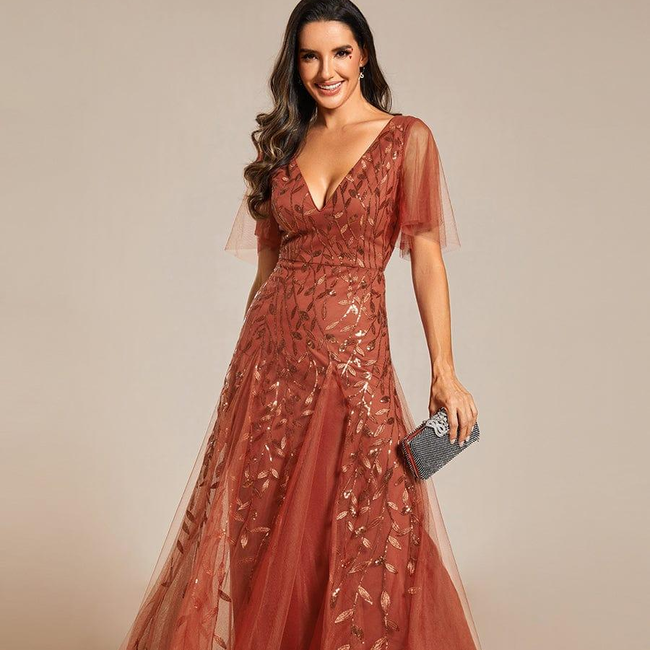 ever ASTRAL|Ruffle Sleeves Leaf Sequin Maxi Bridesmaid Dress-gallery-32686703149130