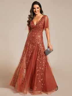 ever ASTRAL|Ruffle Sleeves Leaf Sequin Maxi Bridesmaid Dress