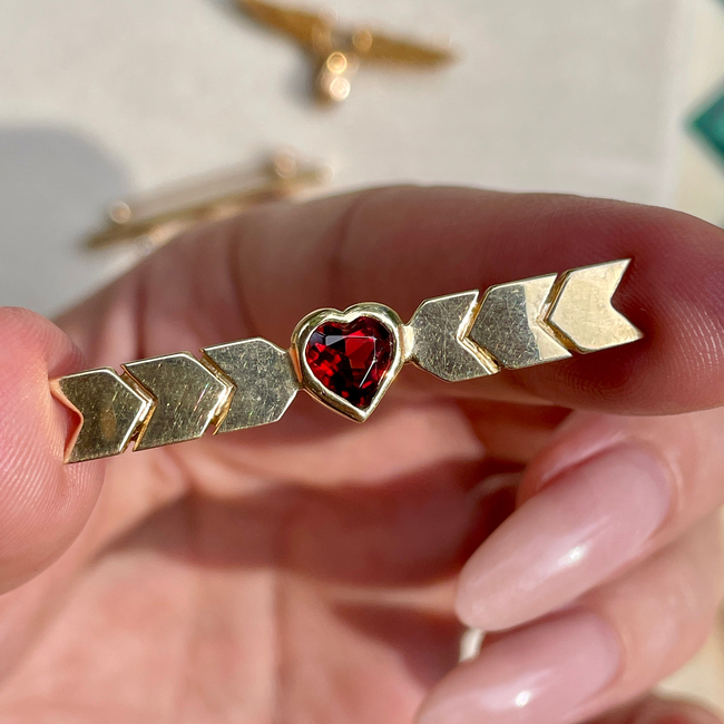 Vintage yellow 14K bezel set red garnet heart pin, 1.5 inch-gallery-47461368725819