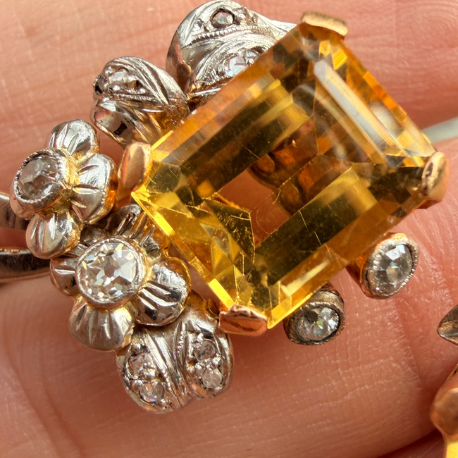 Antique Platinum and yellow 18K approx 10 ctw citrine and 1.2 ctw old mine cut diamond and rose cut -gallery-56907886330171