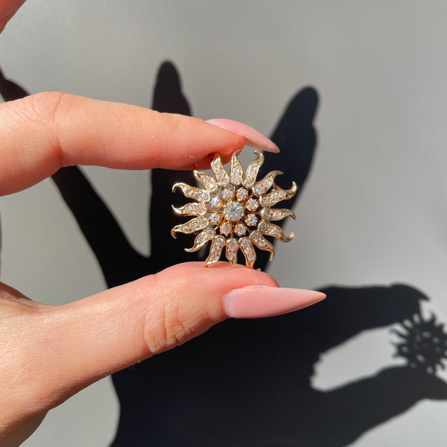 Amazing antique 1.6 ctw old euro/old cut diamond 14K Sun pendant/pin-gallery-49155744399675