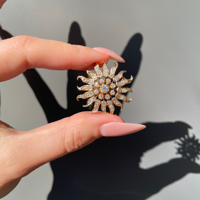 Amazing antique 1.6 ctw old euro/old cut diamond 14K Sun pendant/pin-gallery-49155744399675