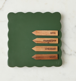 Square Scalloped Cheese Board with Cheese Markers, Small, Spruce Green