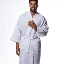 Waffle Kimono White Long Robe Square Pattern