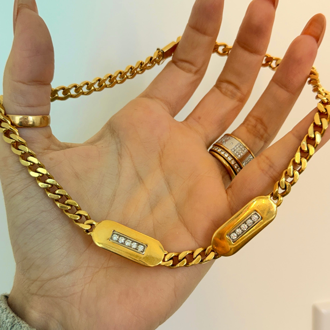 Vintage yellow 18K Chimento designer diamond bars curb chain, 15 inch-gallery-57436706963771