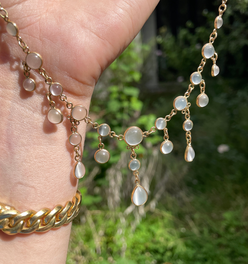 Antique Yellow 14K moonstone fringe bezel set necklace, 17.5 inch