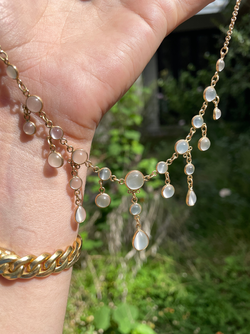 Antique Yellow 14K moonstone fringe bezel set necklace, 17.5 inch