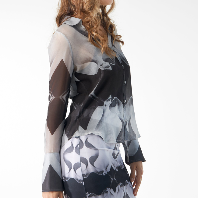 Babs Silk Blouse - Black/White Stone Man Print Design-gallery-40066103673128