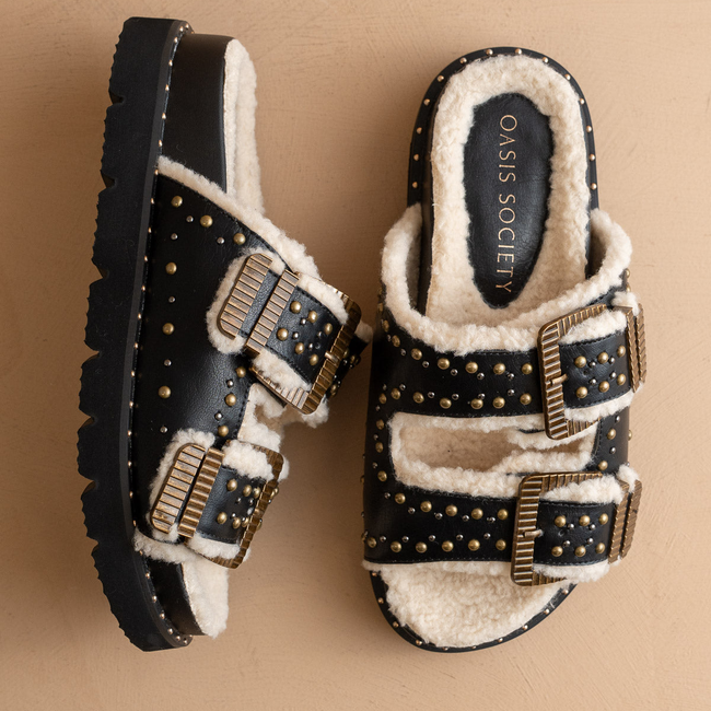 The Gaylen | Black Fleece Lined Slipper Slide-gallery-38968684609713