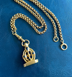 Antique yellow 18K triple rolo link watch chain with dog clip and bolt clasp, 23.5 inch