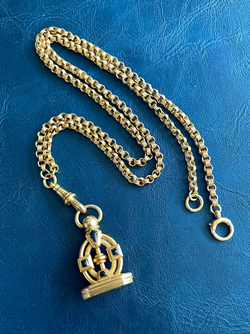 Antique yellow 18K triple rolo link watch chain with dog clip and bolt clasp, 23.5 inch