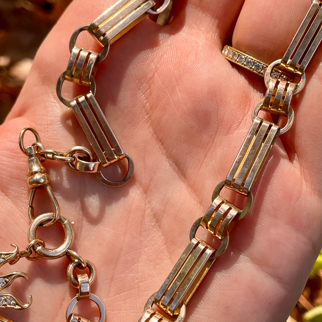 Antique rosy yellow 10K wide bar link watch chain, 16 inch-gallery-49155663888699