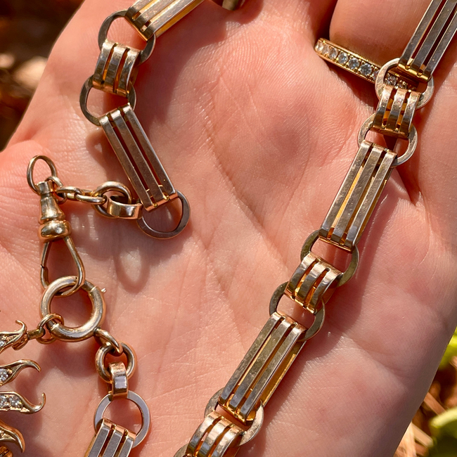 Antique rosy yellow 10K wide bar link watch chain, 16 inch-gallery-49155663888699