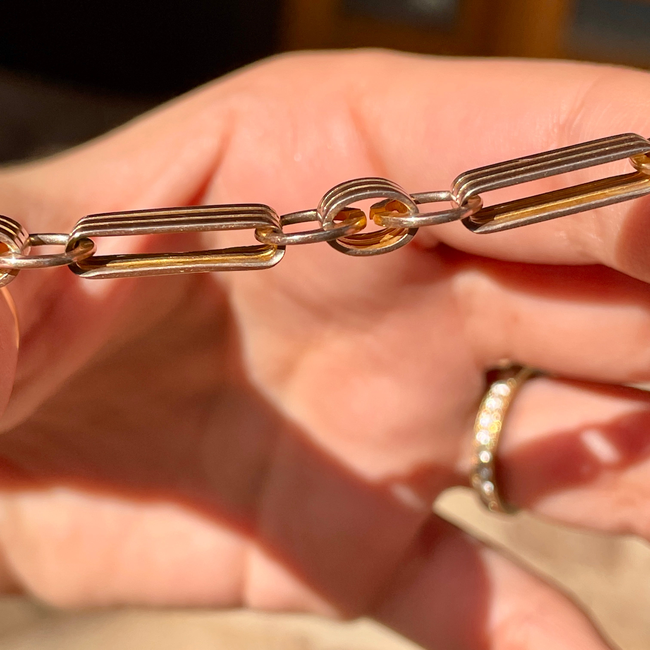 Antique rosy yellow 10K wide bar link watch chain, 16 inch-gallery-49155664281915